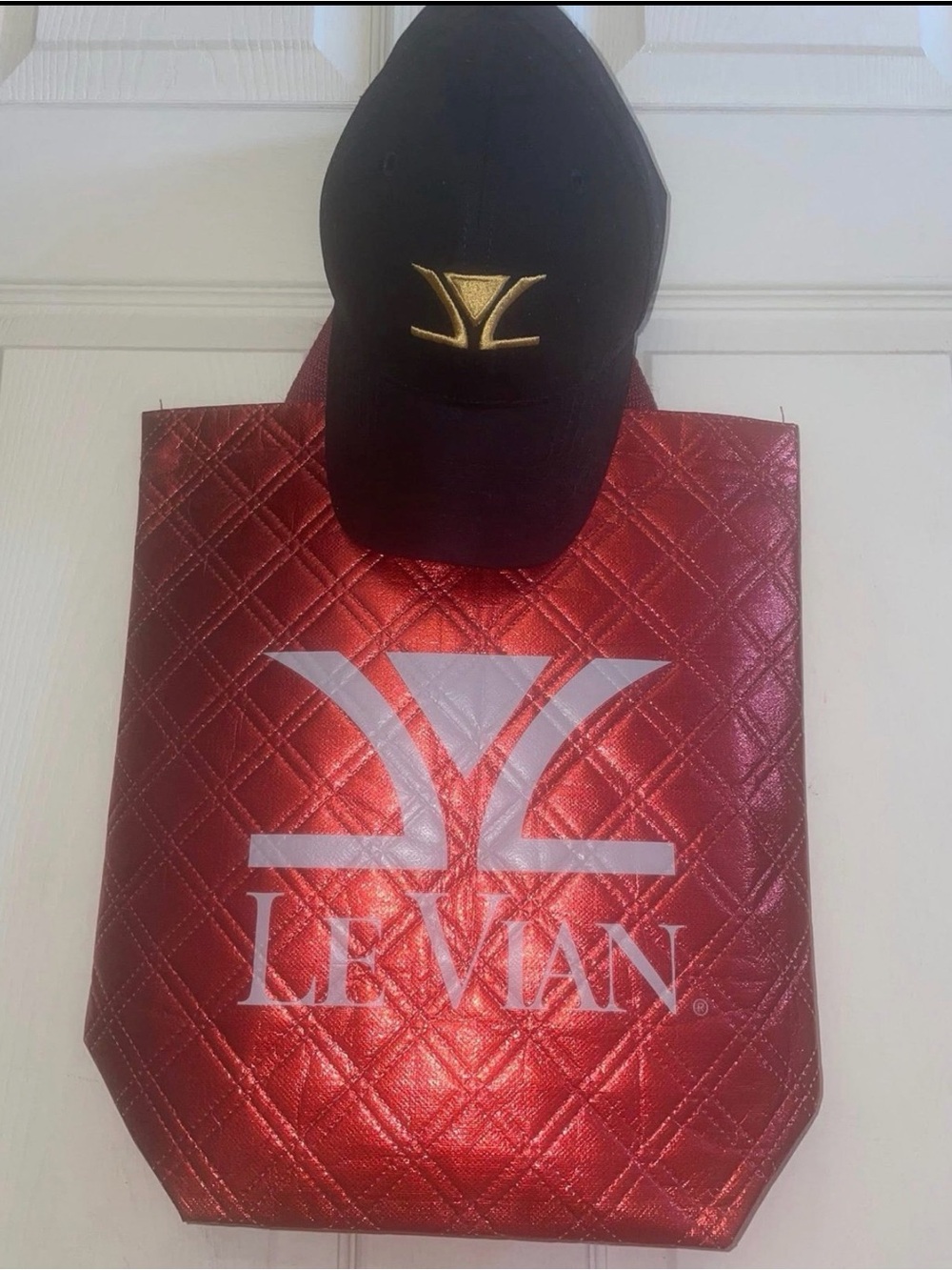 Levian Metallic Red Quilted Logo Tote With Levian Black Cap